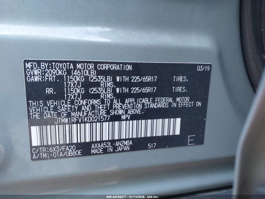VIN JTMW1RFV1KD021577 2019 TOYOTA RAV4 XLE