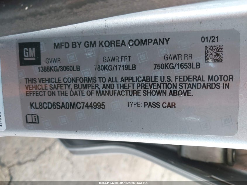 2021 Chevrolet Spark Fwd 1Lt Automatic VIN: KL8CD6SA0MC744995 Lot: 44104783