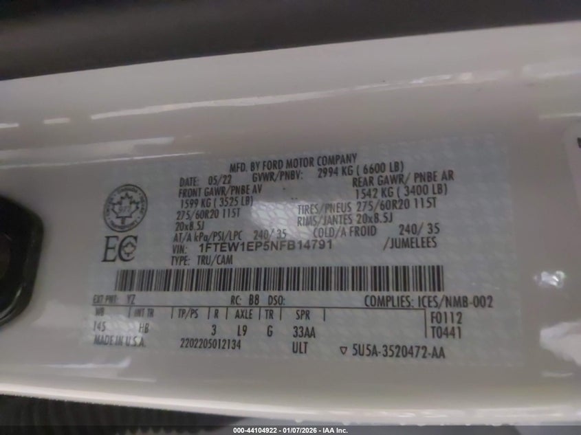 2022 Ford F-150 Lariat VIN: 1FTEW1EP5NFB14791 Lot: 44104922