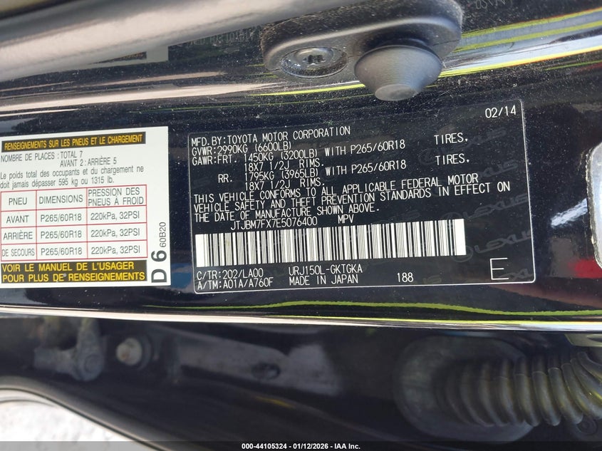 2014 Lexus Gx 460 VIN: JTJBM7FX7E5076400 Lot: 44105324