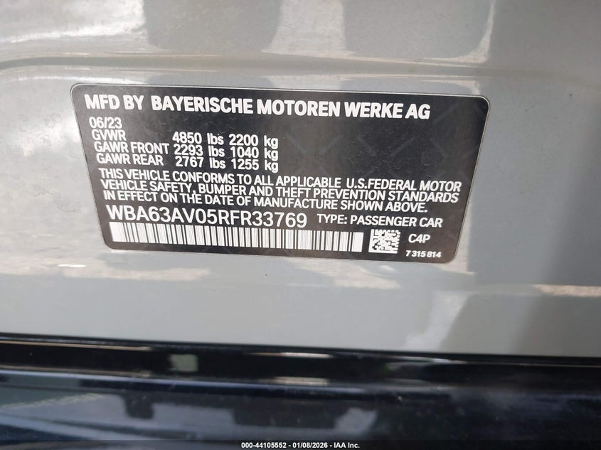 2024 BMW 430I Gran Coupe VIN: WBA63AV05RFR33769 Lot: 44105552