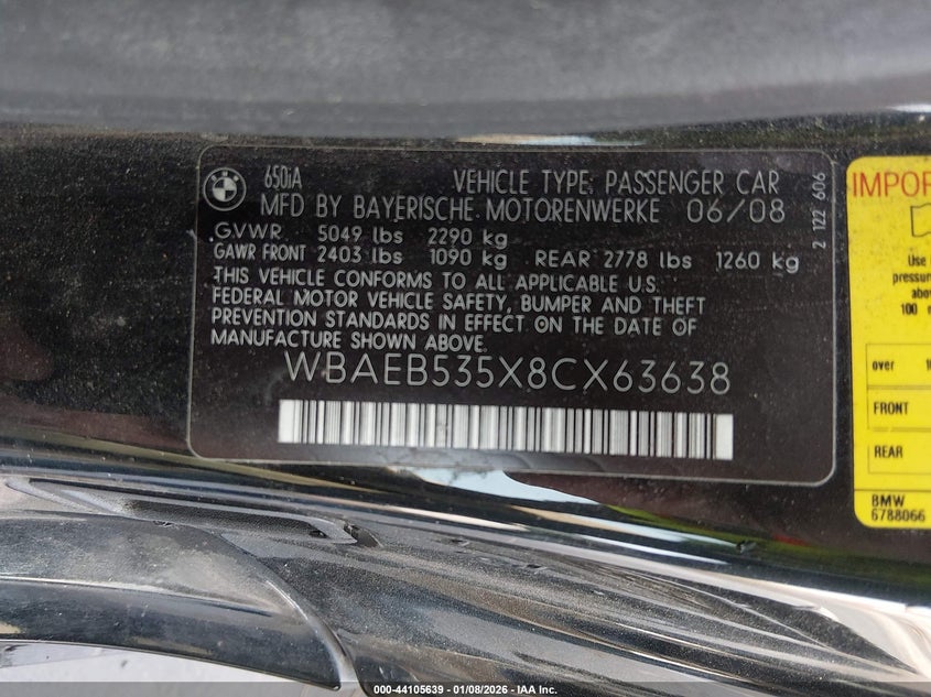 2008 BMW 650I VIN: WBAEB535X8CX63638 Lot: 44105639