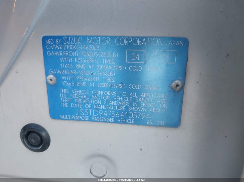 2006 Suzuki Grand Vitara Luxury VIN: JS3TD947564105794 Lot: 44105692