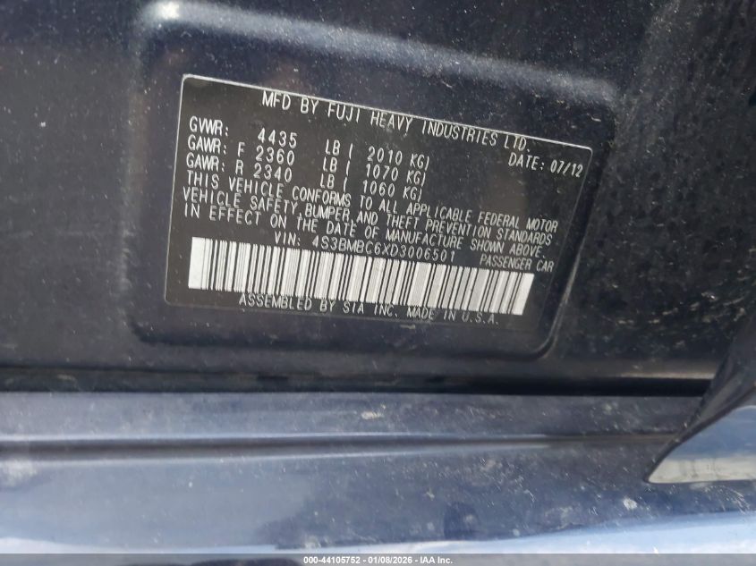 2013 Subaru Legacy 2.5I Premium VIN: 4S3BMBC6XD3006501 Lot: 44105752