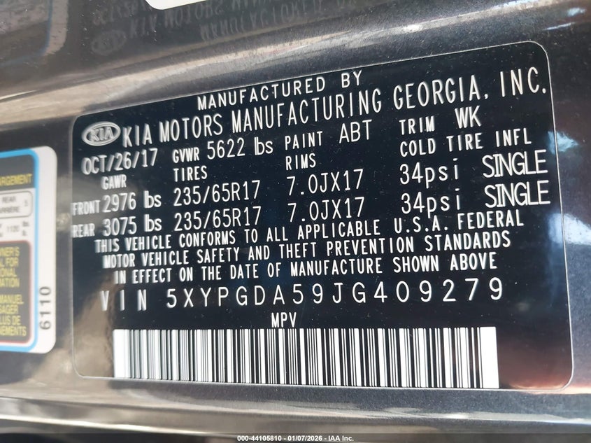 VIN 5XYPGDA59JG409279 2018 KIA SORENTO 3.3L LX