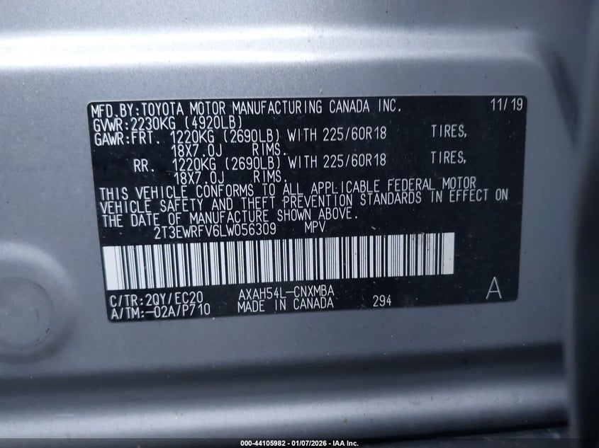 VIN 2T3EWRFV6LW056309 2020 TOYOTA RAV4 HYBRID XSE