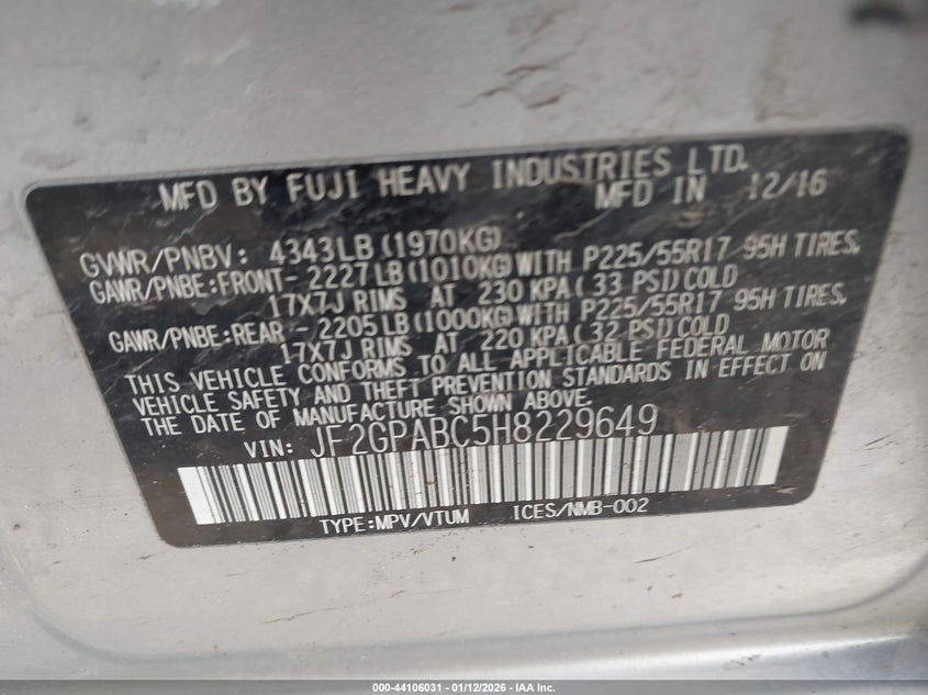 VIN JF2GPABC5H8229649 2017 SUBARU CROSSTREK 2.0I PREMIUM