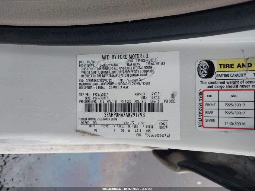 2010 Ford Fusion Se VIN: 3FAHP0HA7AR291793 Lot: 44106847