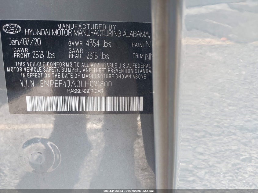 2020 Hyundai Sonata Sel VIN: 5NPEF4JA0LH021800 Lot: 44106854