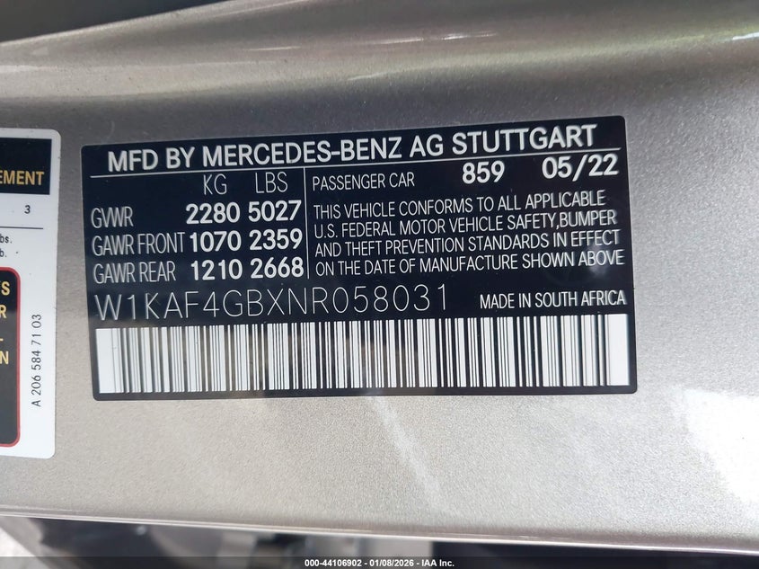 2022 Mercedes-Benz C 300 Sedan VIN: W1KAF4GBXNR058031 Lot: 44106902