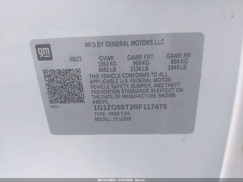 VIN 1G1ZG5ST2RF117475 2024 CHEVROLET MALIBU FWD RS