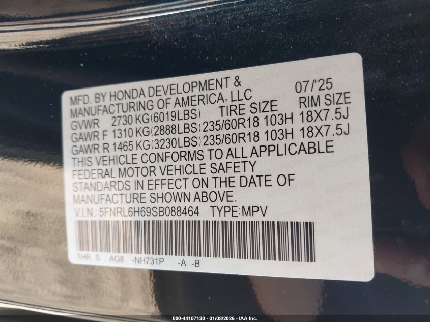 2025 Honda Odyssey - 5FNRL6H69SB088464