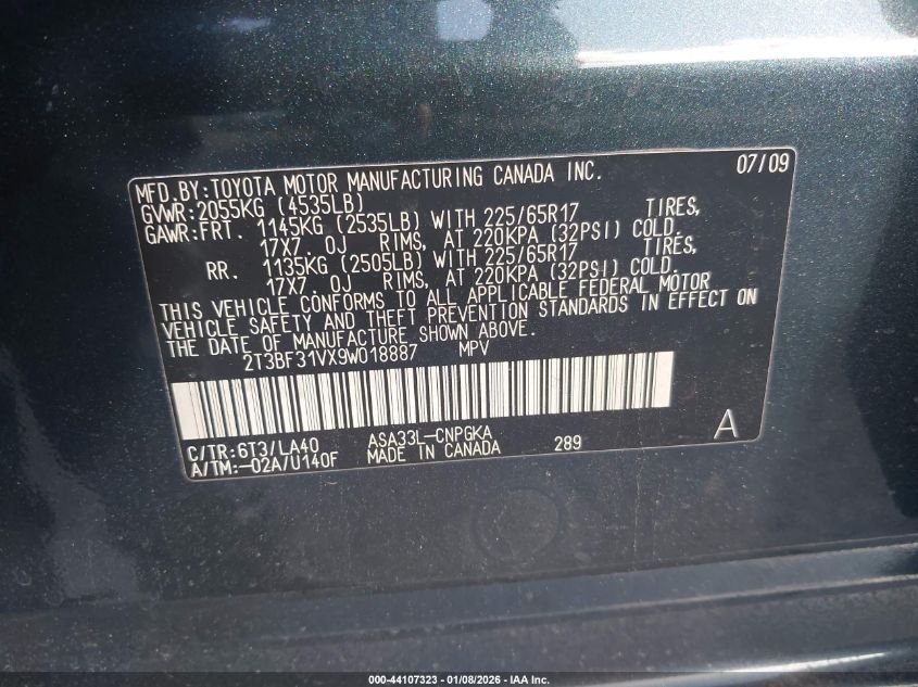 2009 Toyota Rav4 Limited VIN: 2T3BF31VX9W018887 Lot: 44107323