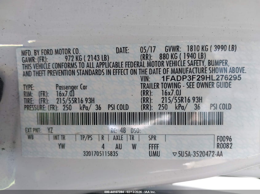 VIN 1FADP3F29HL276295 2017 FORD FOCUS SE