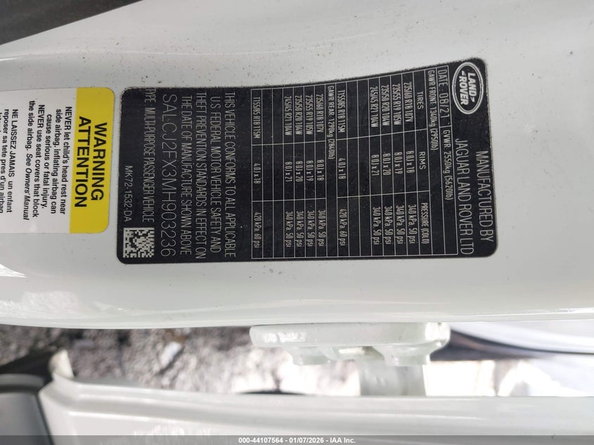 2021 Land Rover Discovery Sport S VIN: SALCJ2FX3MH903236 Lot: 44107564