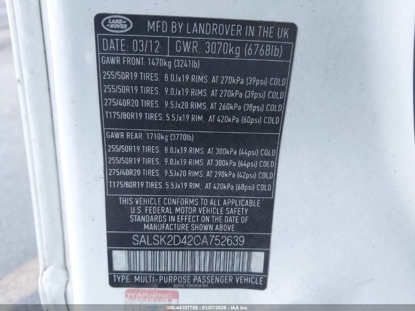 2012 Land Rover Range Rover Sport Hse VIN: SALSK2D42CA752639 Lot: 44107758