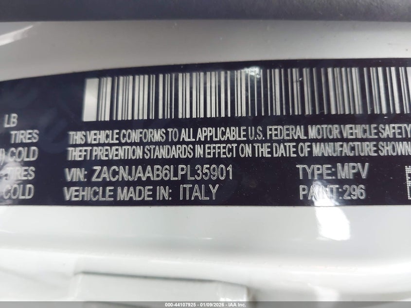 VIN ZACNJAAB6LPL35901 2020 JEEP RENEGADE SPORT FWD