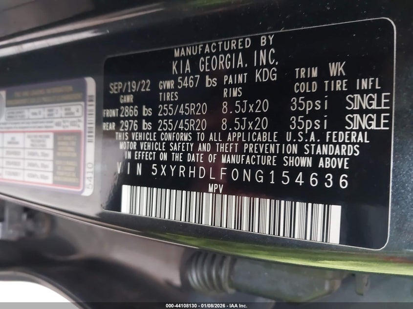 VIN 5XYRHDLF0NG154636 2022 KIA SORENTO X-LINE EX