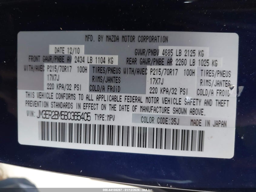 2011 Mazda Cx-7 I Sport VIN: JM3ER2BM5B0365405 Lot: 44108287