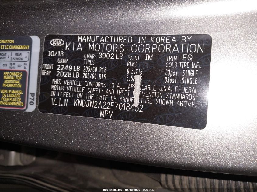 2014 Kia Soul VIN: KNDJN2A22E7018452 Lot: 44108400