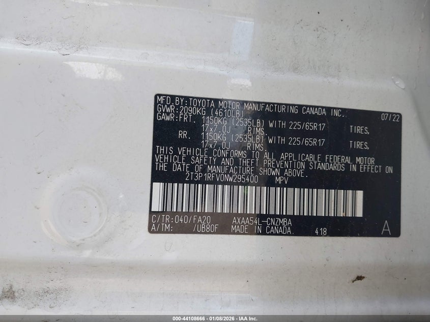 VIN 2T3P1RFV0NW295400 2022 TOYOTA RAV4 XLE