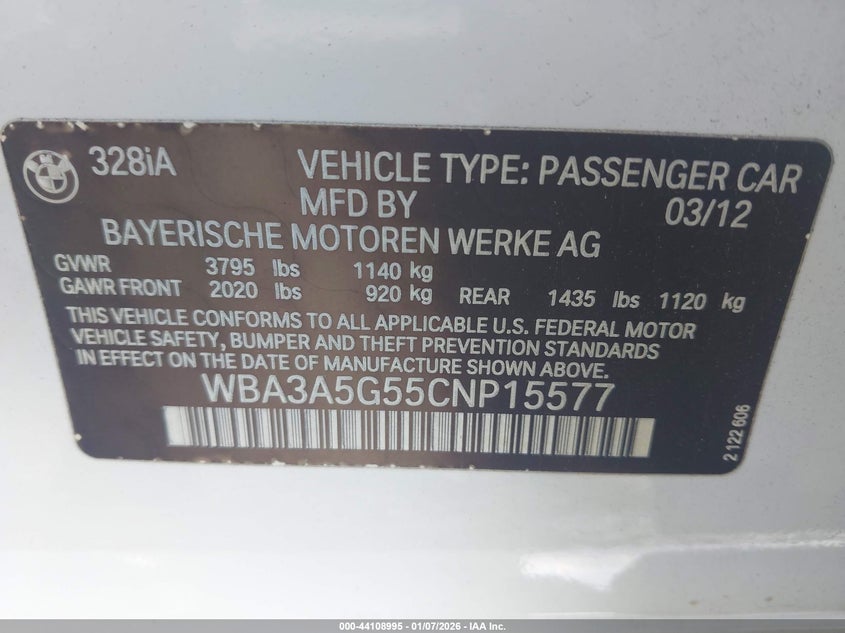 WBA3A5G55CNP15577 2012 BMW 3er 2.0 328I Unknown
