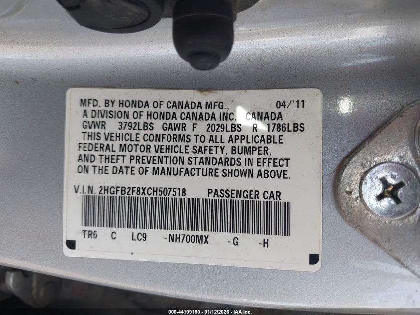 2012 Honda Civic 1.8 Ex Silver Lot 111044109180 Vin 2HGFB2F8XCH507518