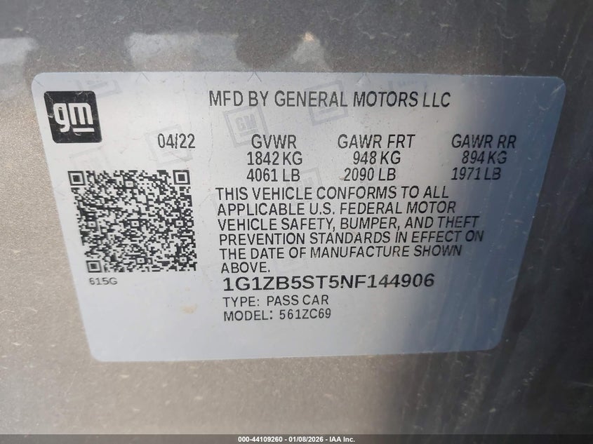 VIN 1G1ZB5ST5NF144906 2022 CHEVROLET MALIBU FWD LS