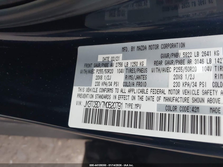 VIN JM3TCBDY7M0520791 2021 MAZDA CX-9 GRAND TOURING