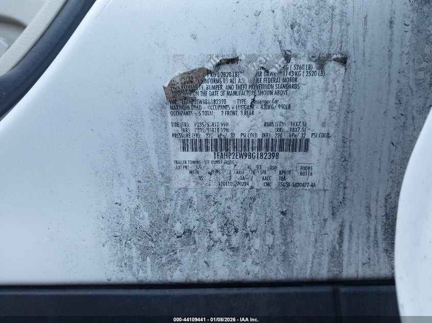 2011 Ford Taurus Sel VIN: 1FAHP2EW9BG182398 Lot: 44109441