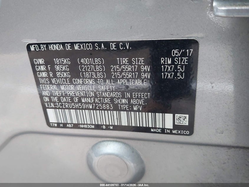 VIN 3CZRU5H59HM725883 2017 HONDA HR-V EX
