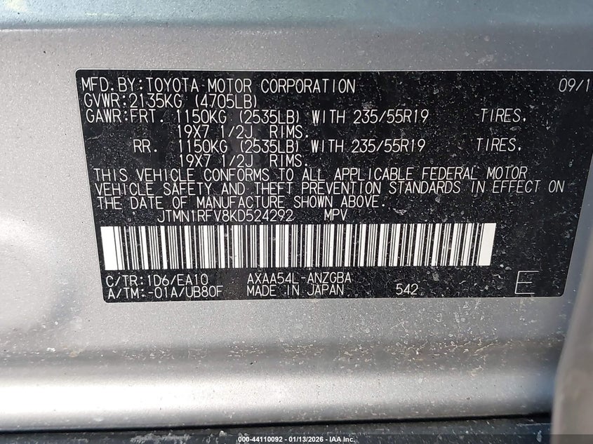 VIN JTMN1RFV8KD524292 2019 TOYOTA RAV4 LIMITED
