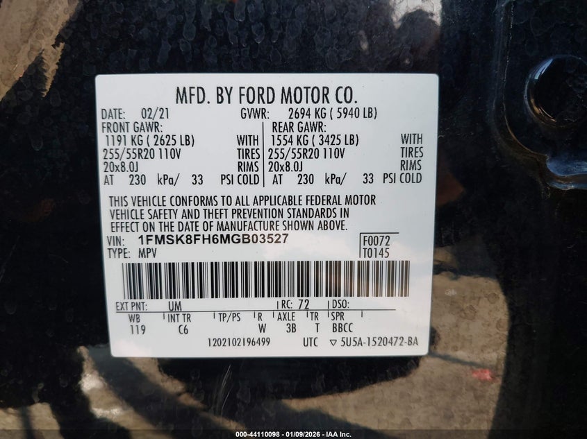 2021 Ford Explorer Limited VIN: 1FMSK8FH6MGB03527 Lot: 44110098