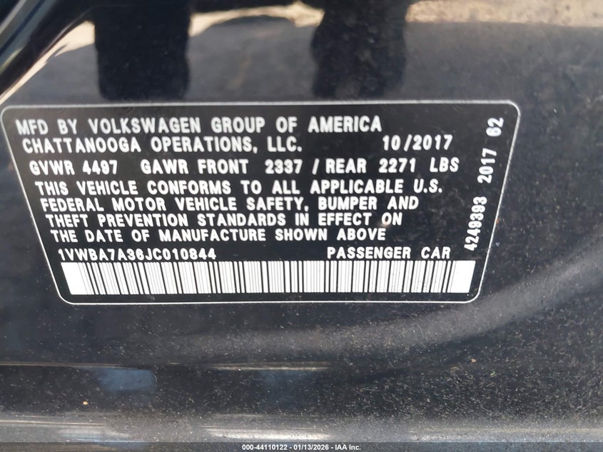 VIN 1VWBA7A36JC010844 2018 VOLKSWAGEN PASSAT 2.0T SE