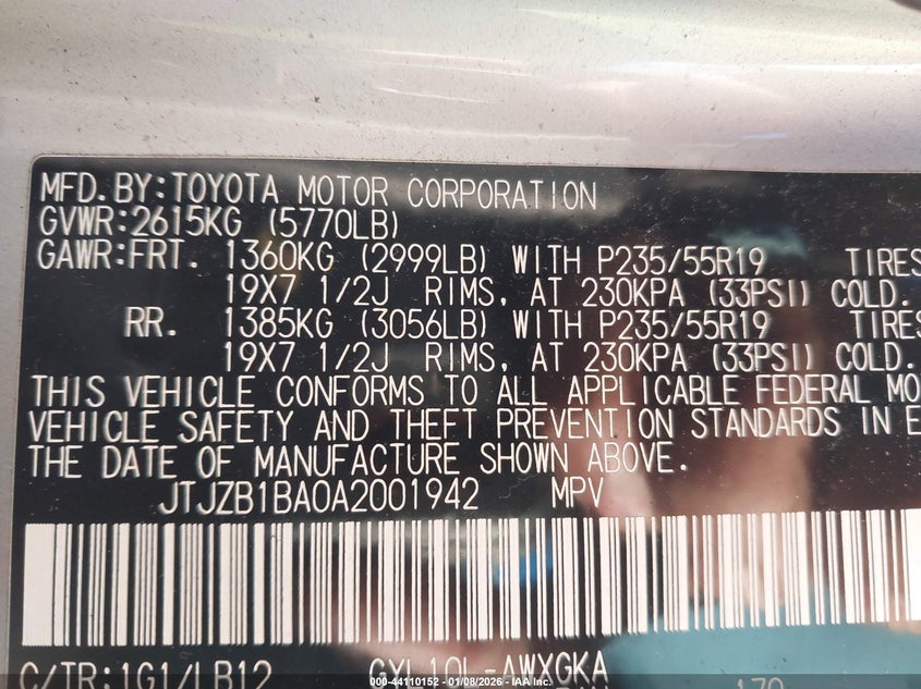 2010 Lexus Rx 450H VIN: JTJZB1BA0A2001942 Lot: 44110152