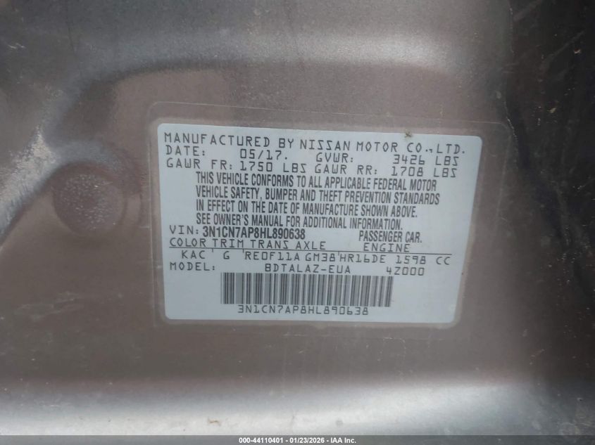 2017 Nissan Versa 1.6 S+ VIN: 3N1CN7AP8HL890638 Lot: 44110401