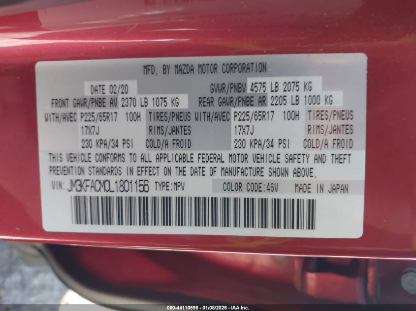 2020 Mazda Cx-5 Touring VIN: JM3KFACM0L1801156 Lot: 44110598