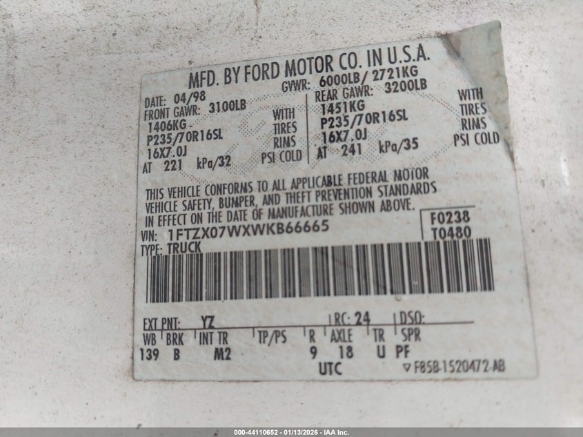 1998 Ford F-150 Lariat/Xl/Xlt VIN: 1FTZX07WXWKB66665 Lot: 44110652