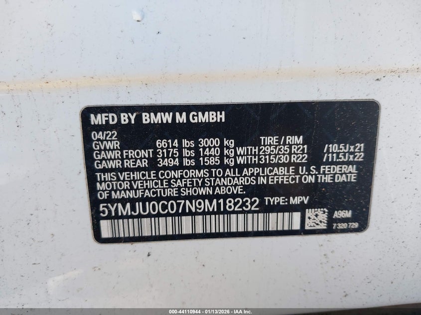 2022 BMW X5 M VIN: 5YMJU0C07N9M18232 Lot: 44110944