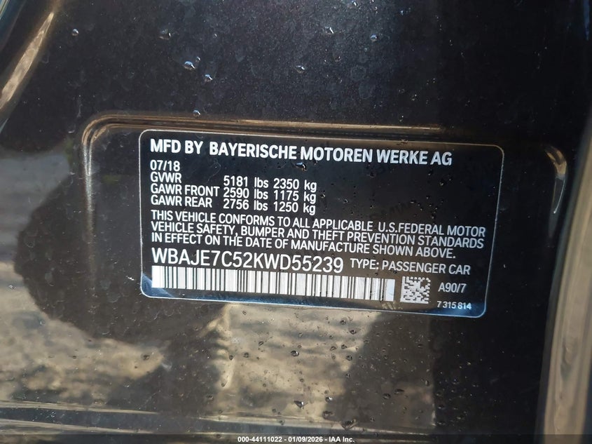2019 BMW 540I xDrive VIN: WBAJE7C52KWD55239 Lot: 44111022