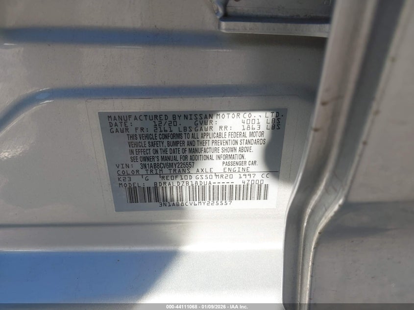 VIN 3N1AB8CV6MY225557 2021 NISSAN SENTRA SV XTRONIC CVT