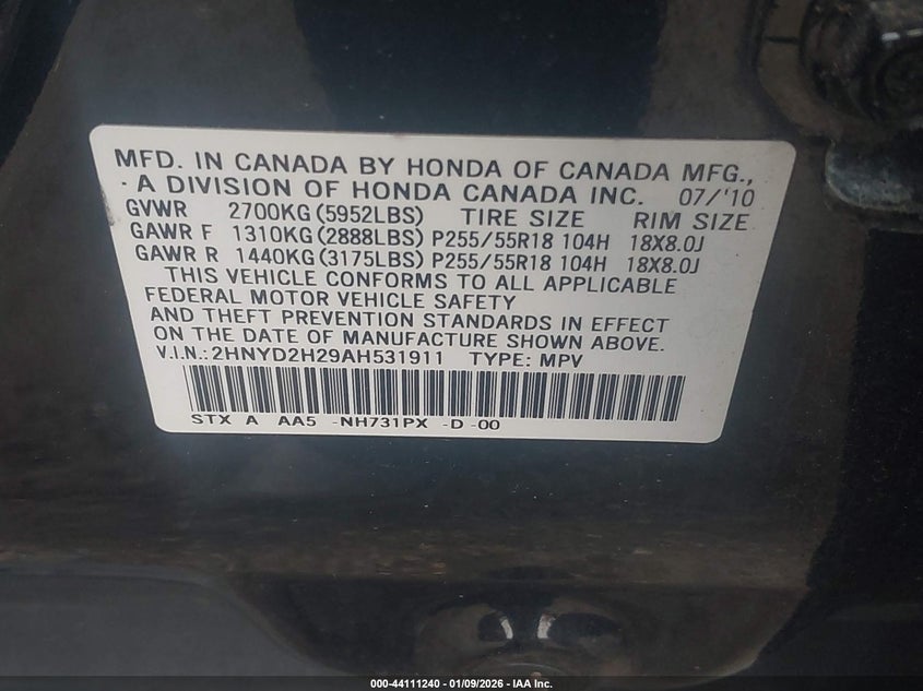 2010 Acura Mdx VIN: 2HNYD2H29AH531911 Lot: 44111240