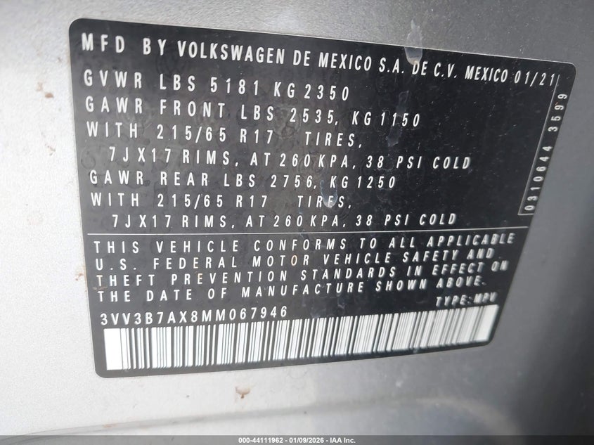 2021 Volkswagen Tiguan 2.0T Se/2.0T Se R-Line Black/2.0T Sel VIN: 3VV3B7AX8MM067946 Lot: 44111962