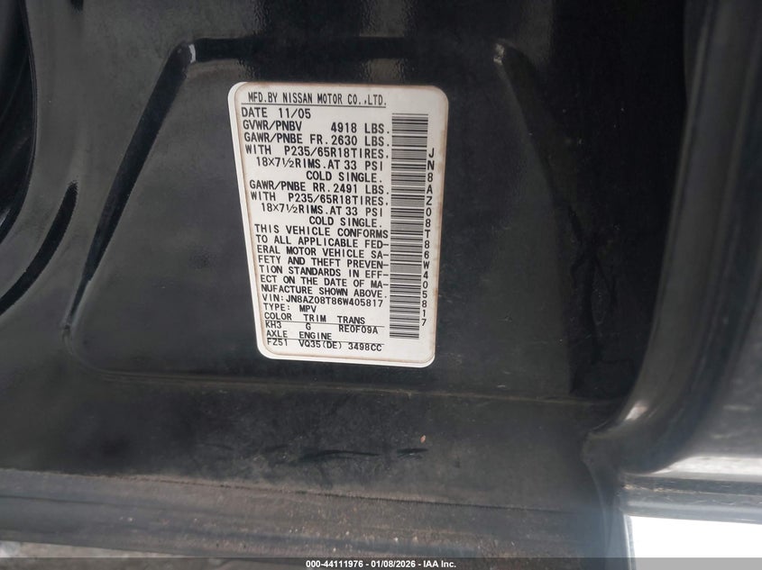 2006 Nissan Murano Sl VIN: JN8AZ08T86W405817 Lot: 44111976