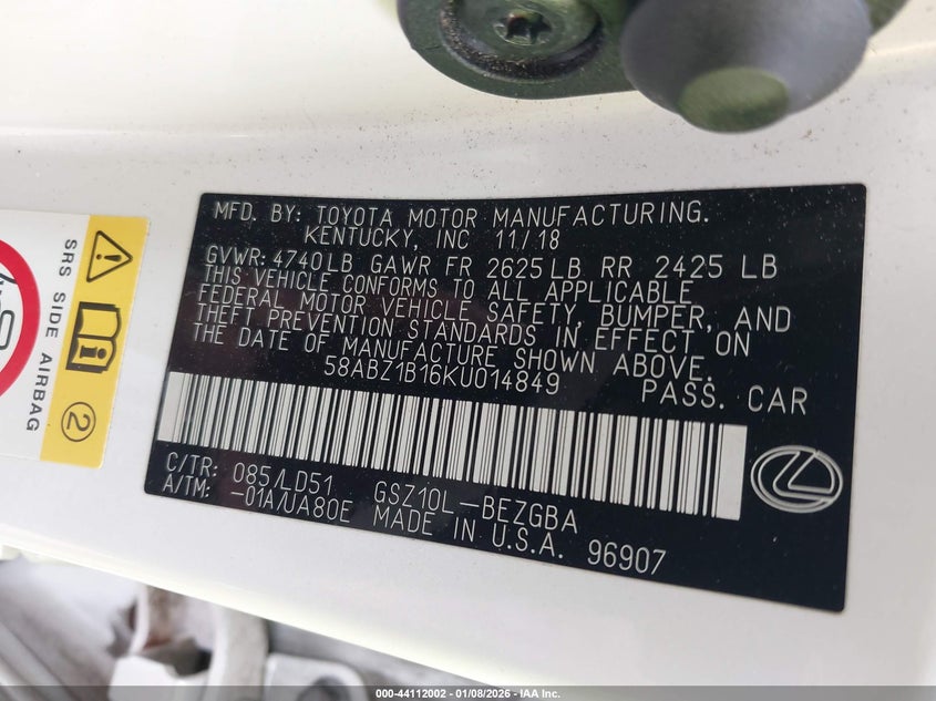 2019 Lexus Es 350 VIN: 58ABZ1B16KU014849 Lot: 44112002