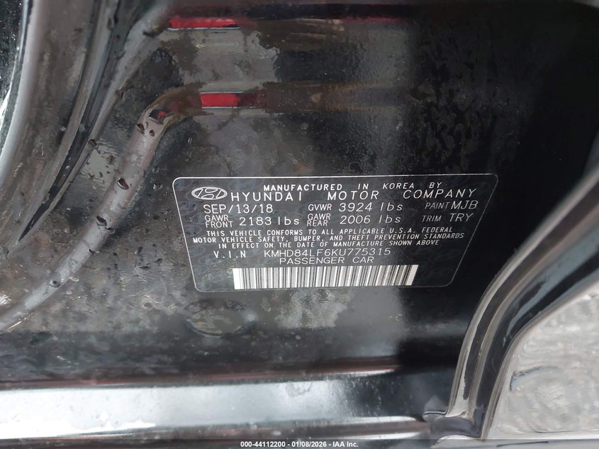 2019 Hyundai Elantra Sel VIN: KMHD84LF6KU775315 Lot: 44112200