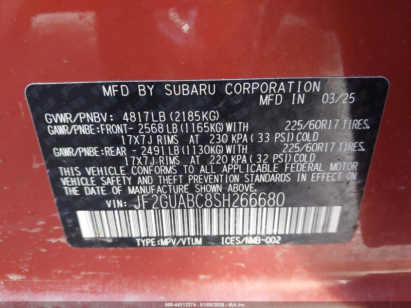 2025 Subaru Crosstrek VIN: JF2GUABC8SH266680 Lot: 44112374