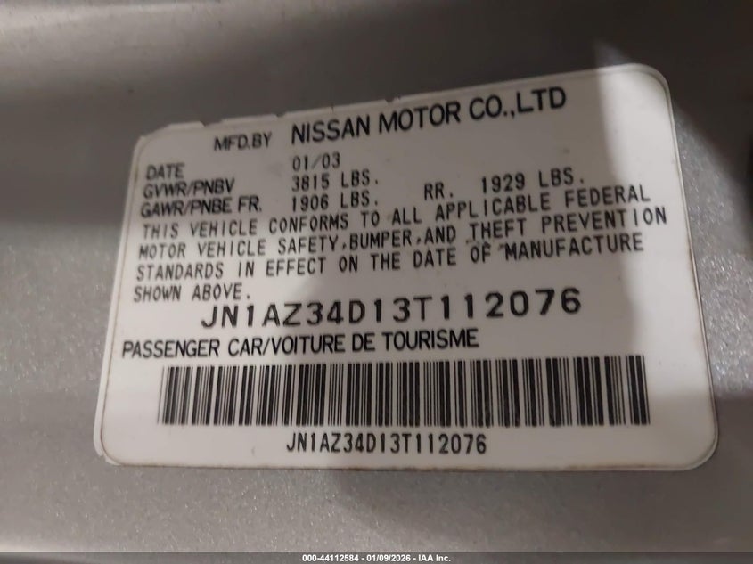 2003 Nissan 350Z Touring VIN: JN1AZ34D13T112076 Lot: 44112584