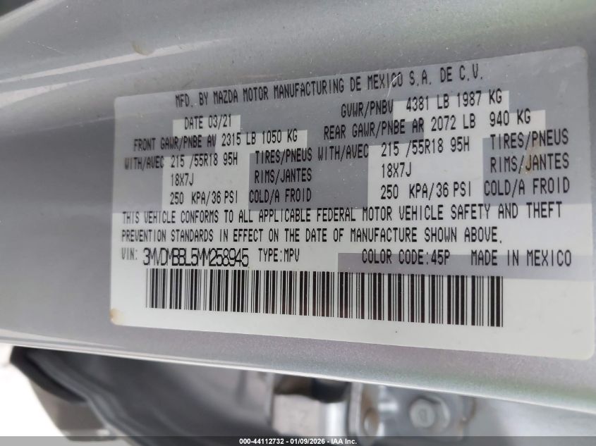 2021 Mazda Cx-30 Select VIN: 3MVDMBBL5MM258945 Lot: 44112732