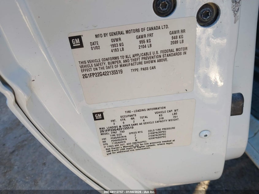 2002 Chevrolet Camaro Police VIN: 2G1FP22G422135519 Lot: 44112757